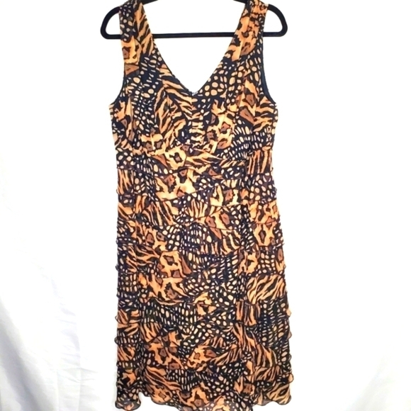 Animal Print Tiered Sheath Dress Size 14W Ruffled Abstract Stretch Office Party - Picture 1 of 14